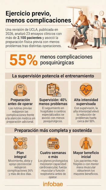 Una infografía con el dibujo de un hombre en una bicicleta estática junto a dos médicos, acompañada por seis cuadros con íconos explicativos.