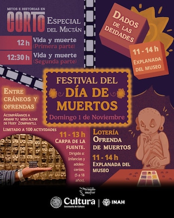 Cartel con textos informativos, ilustraciones de dados, una tira de película, una mano con una maqueta y logotipos de la Secretaría de Cultura