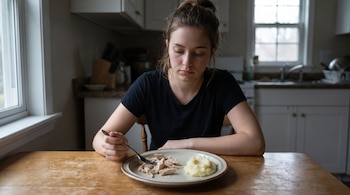 Una mujer joven sentada en una mesa de madera, mirando un plato con una pequeña porción de pollo cocido y puré de patatas en una cocina.