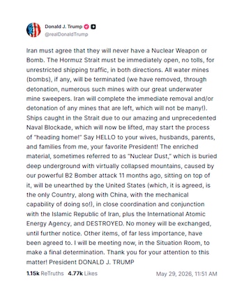 Captura de pantalla de un tuit de Donald J. Trump en una plataforma de redes sociales, con su foto de perfil y texto sobre Irán y armas nucleares