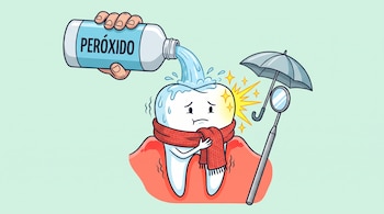 Un diente con bufanda roja recibe líquido vertido desde un frasco de peróxido, junto a encías rojas y un espejo dental con paraguas.