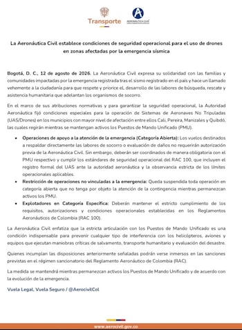 La Aeronáutica Civil restringió temporalmente los vuelos de drones en las zonas afectadas por el terremoto para evitar interferencias con las operaciones aéreas de emergencia - crédito Aerocivil