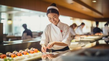 Imagen de un chef hábil preparando sushi con destreza en un restaurante, destacando la artesanía culinaria oriental. Una representación visual de la creatividad y frescura en la gastronomía. (Imagen ilustrativa Infobae)