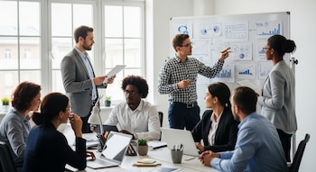Ocho personas en una oficina moderna. Un hombre con camisa a cuadros señala una pizarra blanca con gráficos. Dos mujeres y dos hombres miran la pizarra. Otras tres personas están sentadas en una mesa con laptops.