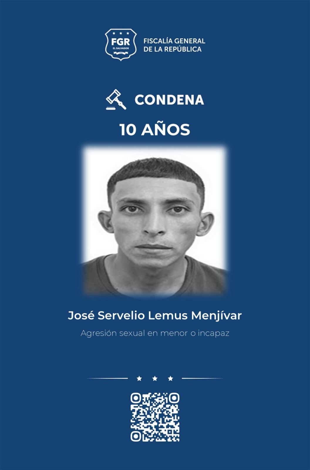 José Servelio Lemus Menjívar fue condenado a 10 años de cárcel y al pago de USD 1.000 tras comprobarse abuso sexual continuado contra una niña de cinco años en Chalatenango. (Foto: Fiscalía General de la República)