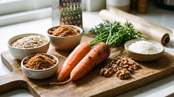 Dos zanahorias, avena, panela rallada, coco rallado y nueces sobre una tabla de madera. Un rallador y papel de hornear se ven al fondo.