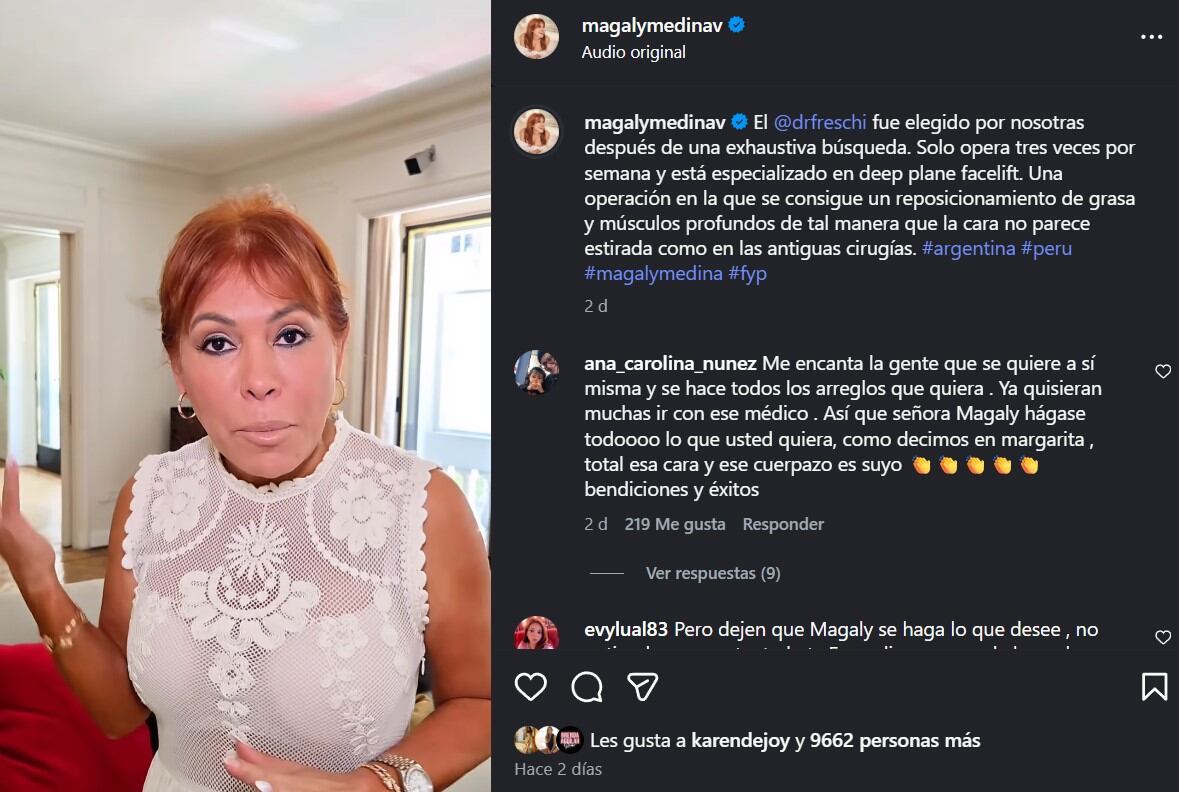 Magaly Medina revela que fue internada en una clínica de Argentina para someterse a una operación estética. Infobae Perú / Captura: IG