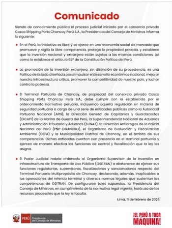 PCM reafirma que el Puerto