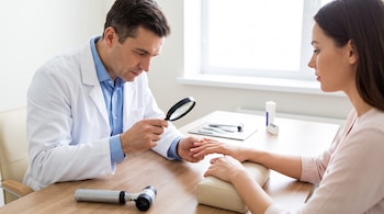 Un médico varón con bata blanca y una paciente mujer. El médico sostiene una lupa y mira las manos de la paciente. Hay un dermatoscopio y otros instrumentos en la mesa.