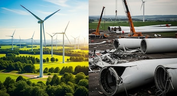 Escena dividida: A la izquierda, un parque eólico con turbinas blancas en un paisaje verde bajo el sol. A la derecha, grúas desmantelan turbinas con residuos de palas.
