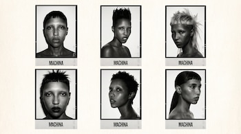 Seis retratos en blanco y negro dispuestos en dos filas de tres, cada uno con borde oscuro y la palabra MACHINA en la base sobre un fondo claro.