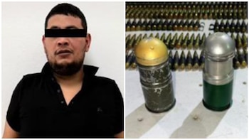 El Coco Ranas y parte del arsenal decomisado por autoridades. Crédito: SSP Sinaloa