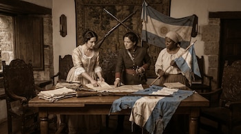 Tres mujeres con vestimenta de época, una de ellas con uniforme militar, sentadas alrededor de una mesa de madera con documentos, fusiles y una bandera argentina antigua.