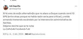 Inti Asprilla arremete contra quienes