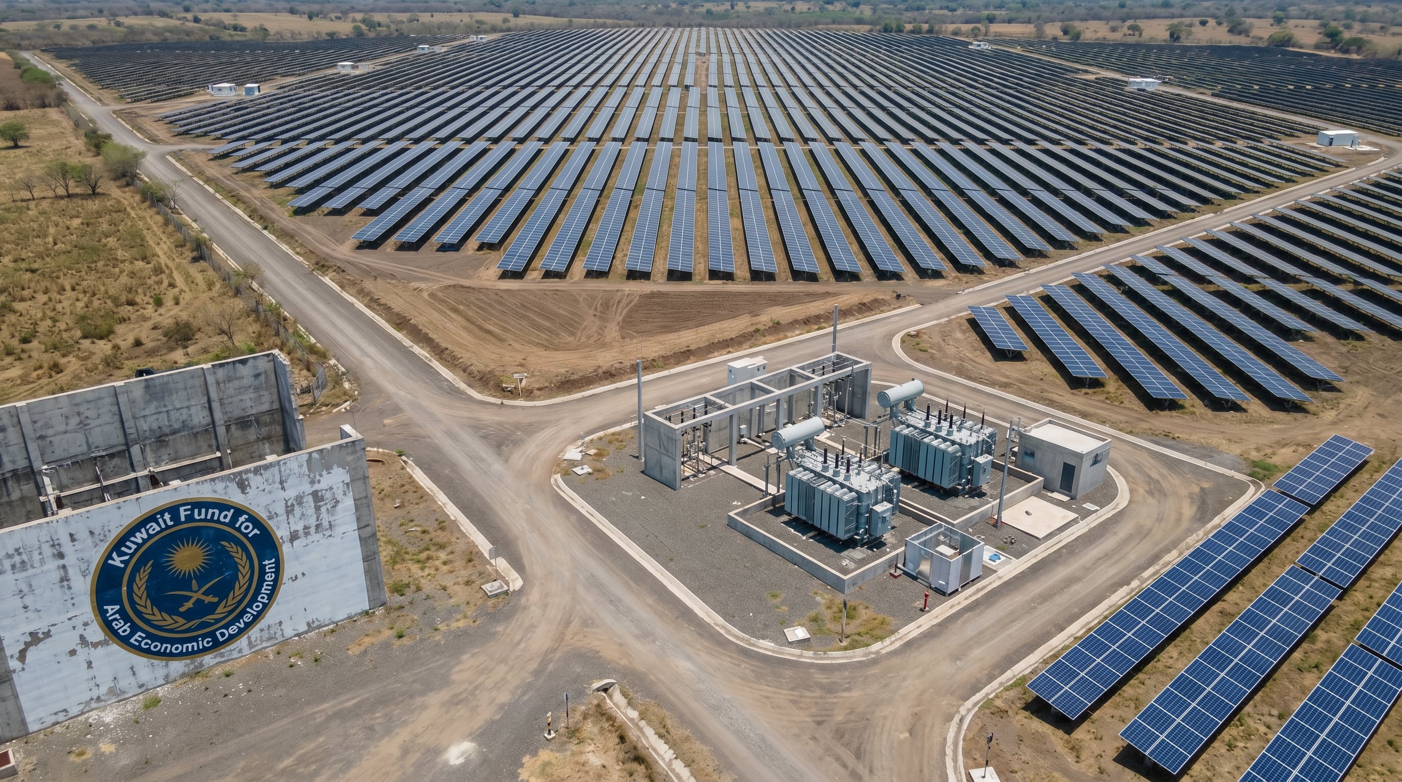Vista aérea de una planta solar fotovoltaica en El Salvador, mostrando extensas filas de paneles y una subestación eléctrica, con el logo del Fondo de Kuwait para el Desarrollo Económico Árabe visible en un muro. (Imagen Ilustrativa Infobae)