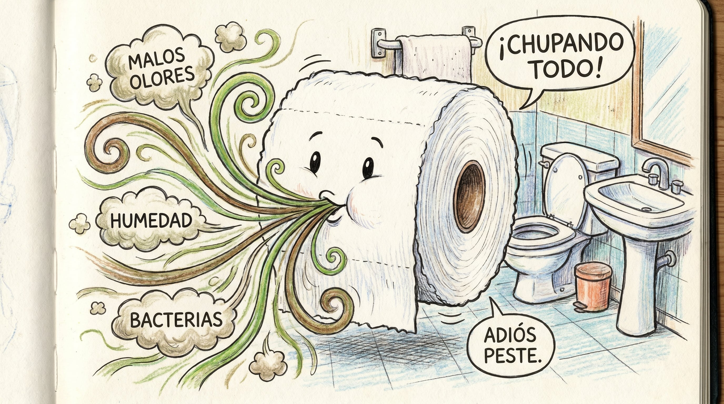 Un simpático rollo de papel higiénico animado devora malos olores, humedad y bacterias con la exclamación '¡Chupando todo!', asegurando un ambiente fresco y limpio en el baño. (Imagen Ilustrativa Infobae)