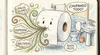 Dibujo animado de un rollo de papel higiénico con cara, absorbiendo remolinos de "malos olores", "humedad" y "bacterias" en un baño con inodoro y lavabo.