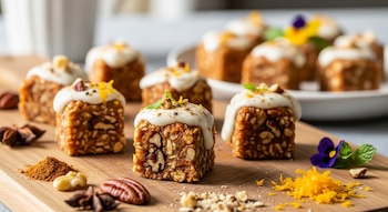 Primer plano de bocaditos cuadrados tipo pastel de zanahoria con glaseado blanco, nueces, ralladura de naranja, especias y frutos secos en una tabla de madera.
