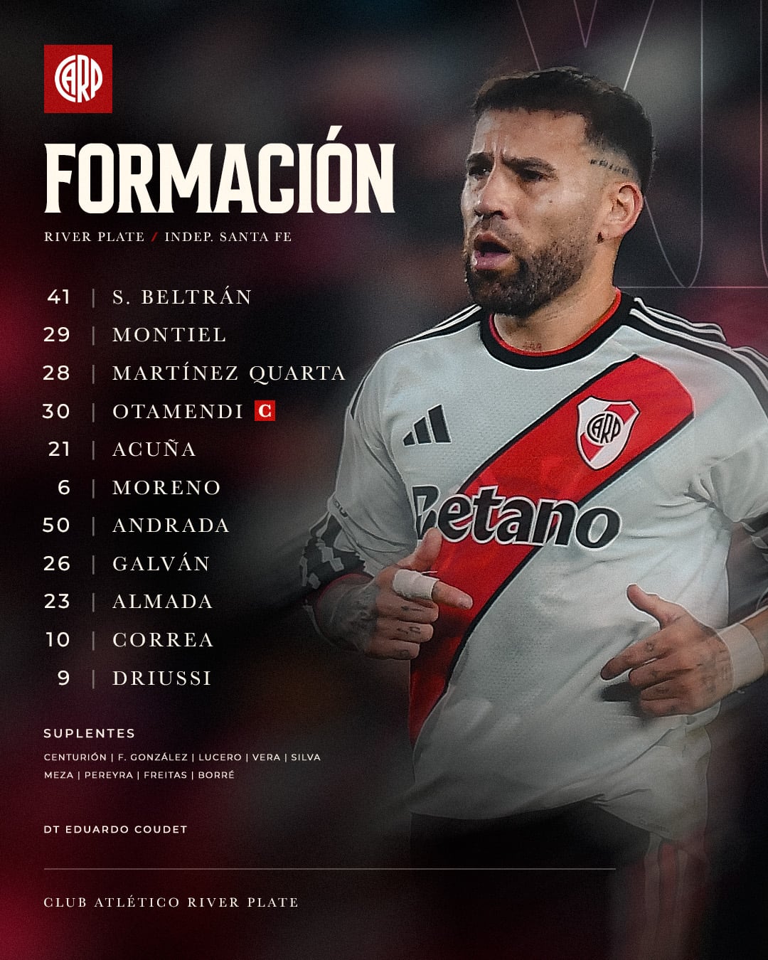 Titulares de River Plate para el partido en Buenos Aires ante Santa Fe, por la vuelta de los octavos de final de la Copa Sudamericana 2026 - crédito @RiverPlate/X