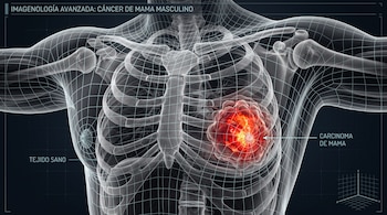 Modelo anatómico del torso masculino en rayos X con un tumor rojo en el pecho izquierdo junto a textos explicativos.