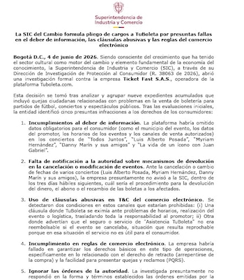 La Superintendencia de Industria y Comercio (SIC) formuló un pliego de cargos contra Ticket Fast S.A.S., empresa operadora de la plataforma Tuboleta.com, por presuntas irregularidades graves en la venta de boletos para espectáculos en Colombia - crédito Superintendencia de Industria y Comercio