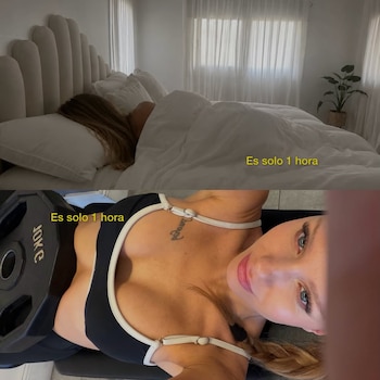 Imagen dividida: arriba, una persona duerme en una cama con sábanas blancas; abajo, Rocío Pardo, vista desde arriba, hace ejercicio con un disco de pesas en el pecho