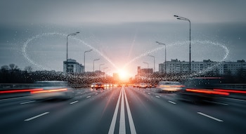 Vista de una avenida urbana al atardecer con carriles de tráfico. Coches borrosos y luces rojas traseras. Partículas blancas flotando en el aire iluminadas por el sol.