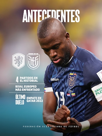 Jugador de fútbol ecuatoriano en camiseta azul, mirando hacia abajo. Fondo con texto 'ANTECEDENTES' y logos de Ecuador y Países Bajos junto a estadísticas de partidos