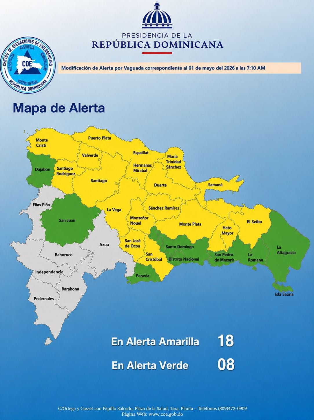 El COE mantienen los niveles de aviso y alerta meteorológica en casi toda la geografía dominicana (Cortesía COE).