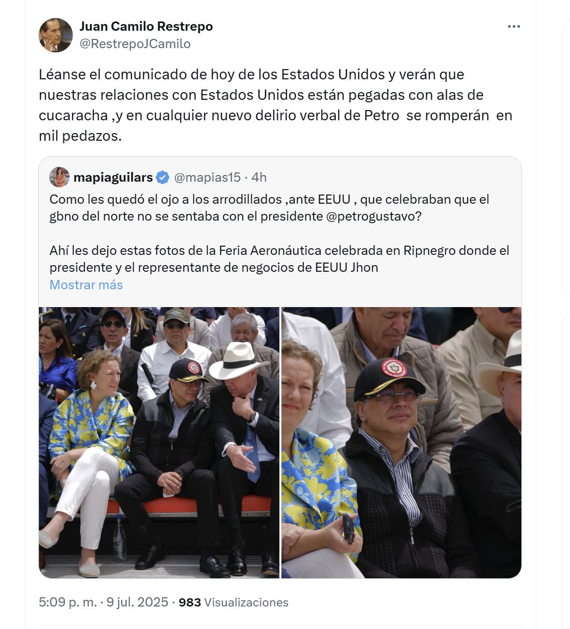 El exministro Juan Camilo Restrepo aseguró que las relaciones con Estados Unidos pueden fragmentarse por declaraciones problemáticas de Gustavo Petro - crédito @RestrepoJCamilo/X