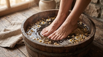 Pies sumergidos en una tina de madera con agua, flores de manzanilla y granos de sal sobre el borde junto a una toalla de lino.