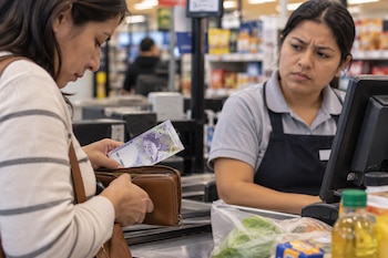 Una mujer saca un billete peruano de 200 soles de su billetera frente a la cajera en una caja de pago de un supermercado