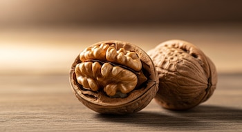Una nuez partida con su fruto expuesto y una nuez entera reposan sobre una superficie de madera, con fondo difuminado.