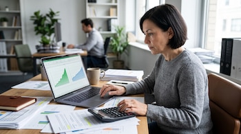 Una mujer sentada frente a una computadora portátil con gráficos en pantalla, usando una calculadora sobre un escritorio con documentos.