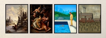 Cuatro cuadros enmarcados: paisaje invernal con iglesia, escena clásica de figuras, hombre junto a piscina con conejo y ciudad, fábrica con gente