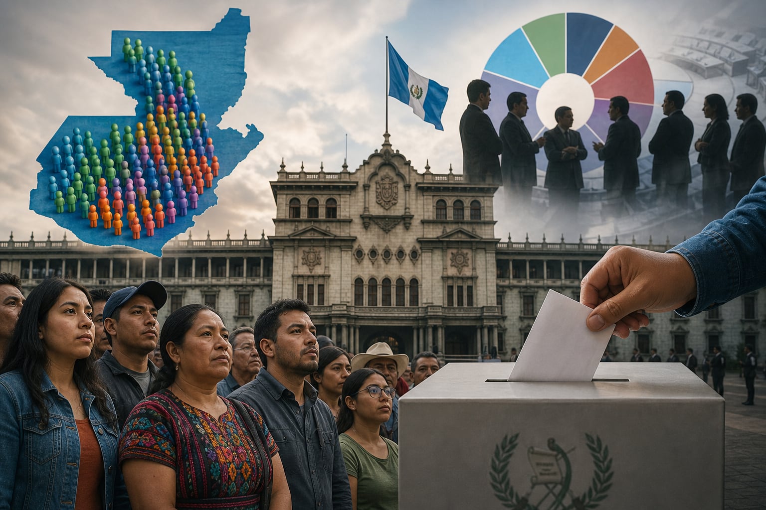 Una composición gráfica ilustra la participación ciudadana, la afiliación partidaria y el sistema electoral en Guatemala ante el Palacio Nacional de la Cultura. (Imagen Ilustrativa Infobae)