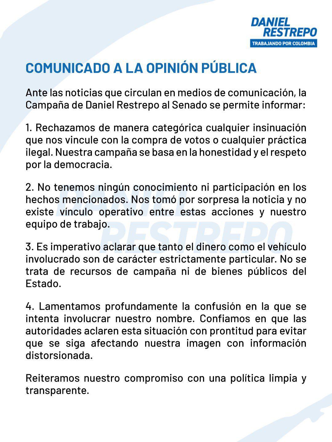 El candidato al Senado Daniel Restrepo negó que su campaña esté vinculada a compra de votos o cualquier práctica ilegal, tras la incautación de $145 millones en una camioneta con publicidad de su candidatura en vías de La Guajira - crédito prensa Daniel Restrepo