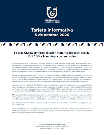 Documento oficial con el logotipo de la Fiscalía General de Justicia de la Ciudad de México, titulado tarjeta informativa con texto impreso
