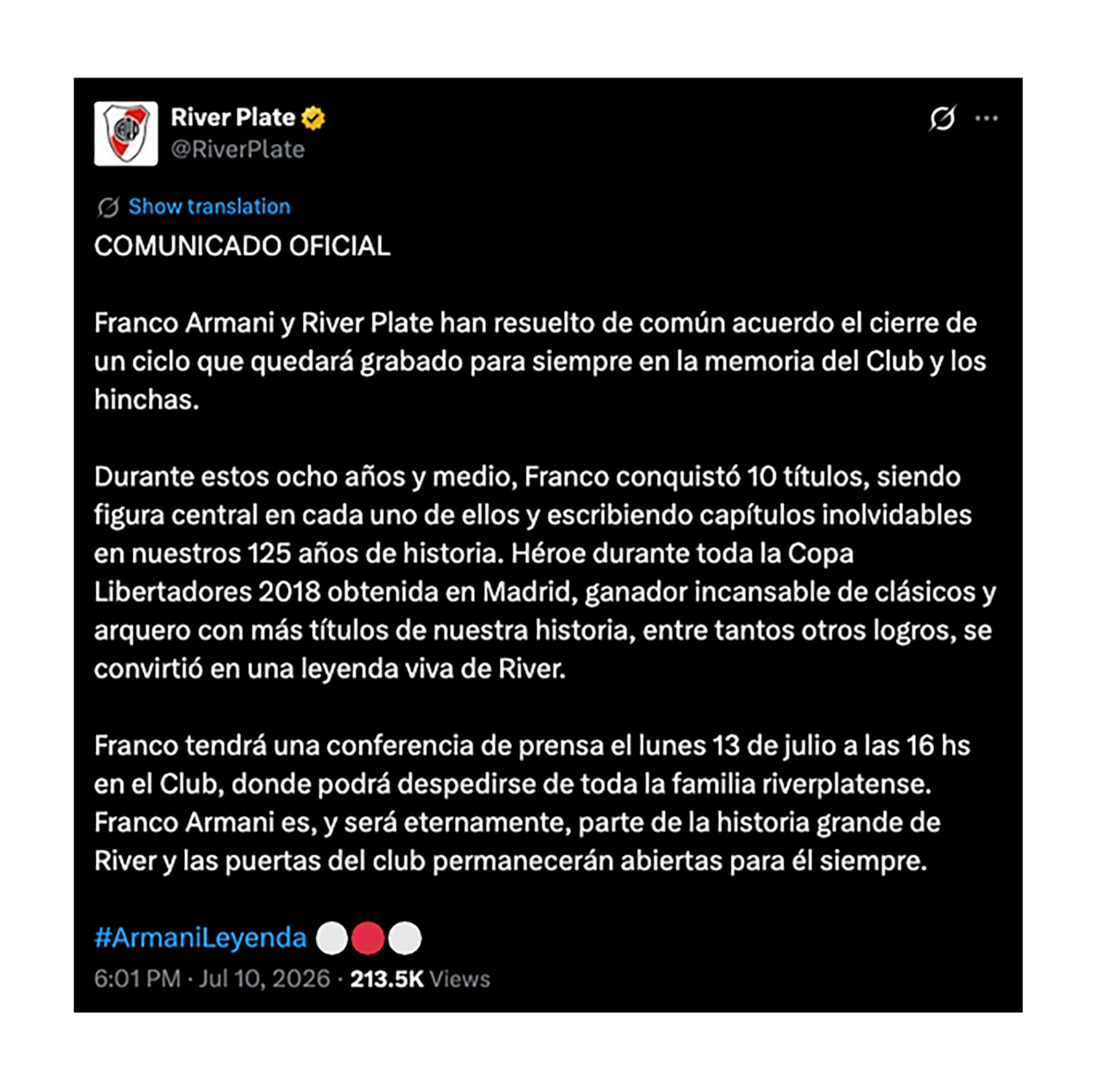 El comunicado oficial de River Plate para anunciar la salida de Franco Armani (@RiverPlate)