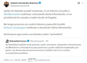 Hernández le respondió a Casas que no tiene procesos de control interno, tal y como él señaló - crédito @AndresCamiloHR/X