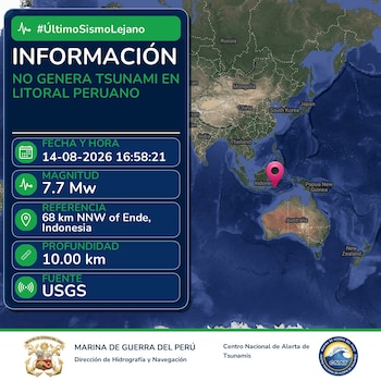 Infografía con mapa satelital de Asia y Oceanía, cuadro de datos de sismo en Indonesia, magnitud 7.7 Mw, fuente USGS y logos de la Marina de Guerra del Perú