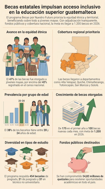 Infografía plana con seis paneles: jóvenes Mayas, mapa de Guatemala, gráfico de barras, pila de documentos, birretes y mano colocando dinero en una alcancía rosa.