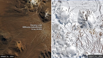 Dos capturas satelitales lado a lado: la izquierda muestra terreno árido marrón y la derecha muestra el mismo terreno cubierto de nieve blanca