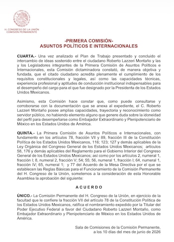 Aval legislativo a nuevo representante de México en Estados Unidos.