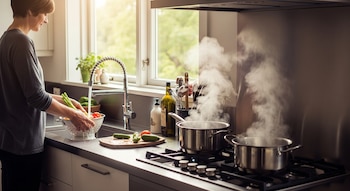 Una mujer sonriente lava verduras en un colador bajo el grifo de una cocina moderna. Al fondo, dos ollas humean en la hornalla. Luz natural entra por la ventana.