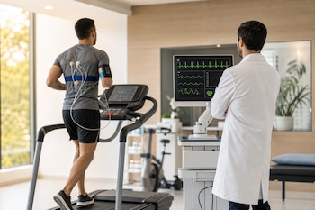 Un hombre camina sobre una cinta con electrodos adheridos a la espalda mientras un médico observa un monitor de electrocardiograma.