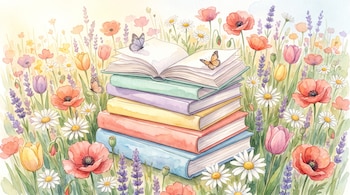 Pila de libros pastel con un libro abierto arriba, rodeada por margaritas, amapolas, lavanda y mariposas en estilo acuarela.