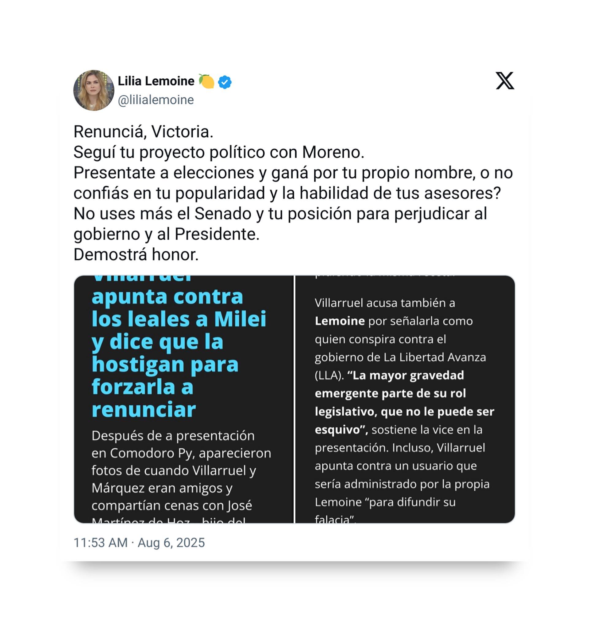 El posteo de la diputada Lilia Lemoine, desde su cuenta personal de X