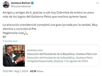 El director del DPS señaló que el discurso de Petro ayudo a que los colombianos conocieran más su balance - crédito @GustavoBolivar/X