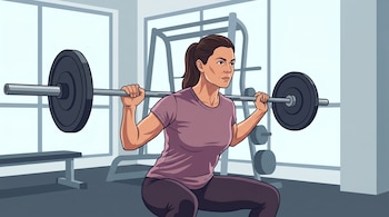 Gráfico de una mujer de 45 años en forma, con remera violeta y leggings oscuros, realizando sentadillas con una barra de pesas sobre sus hombros en un gimnasio.